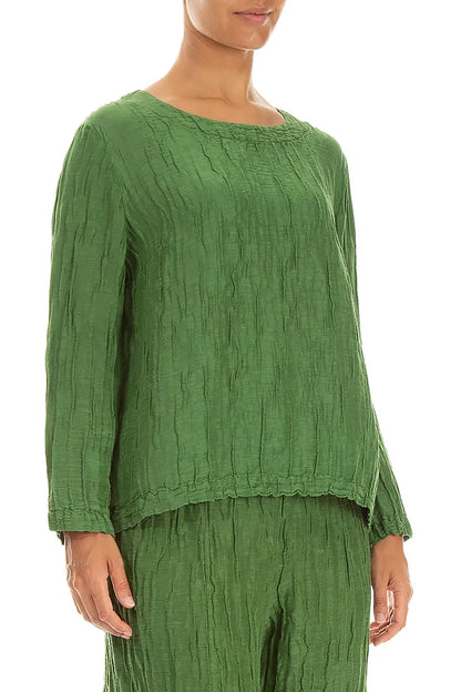 Boxy-Bluse aus Crinkle-Seide und Leinen in Kleeblattgrün