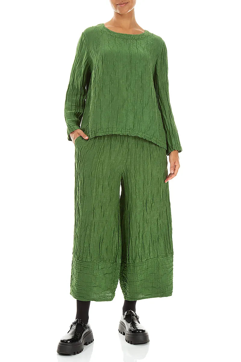 Boxy-Bluse aus Crinkle-Seide und Leinen in Kleeblattgrün