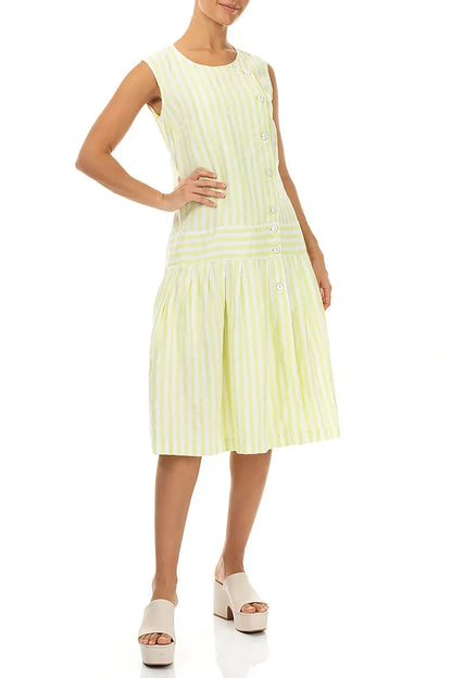 Button Detail Lime Striped Linen Dress 4