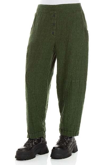 Leinenhose aus kleeblattgrünem Mélange mit Knopfleiste vorne