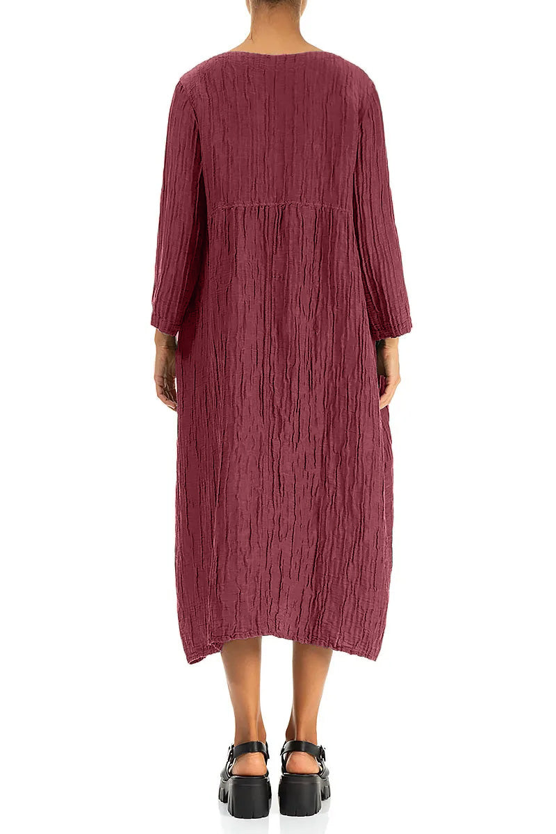 Buttoned Antique Ruby Crinkled Silk Linen Dress 2