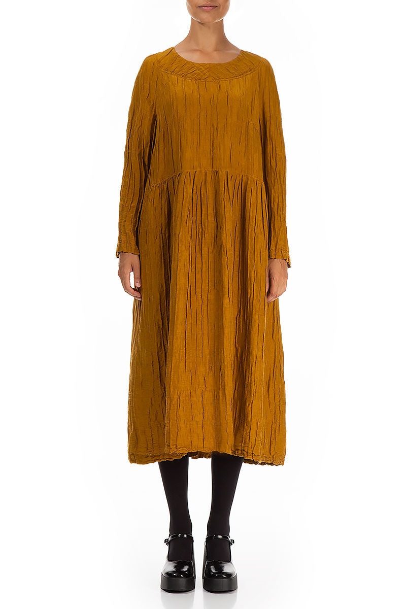 Buttoned Back Crinkled Honey Silk Linen Dress 1