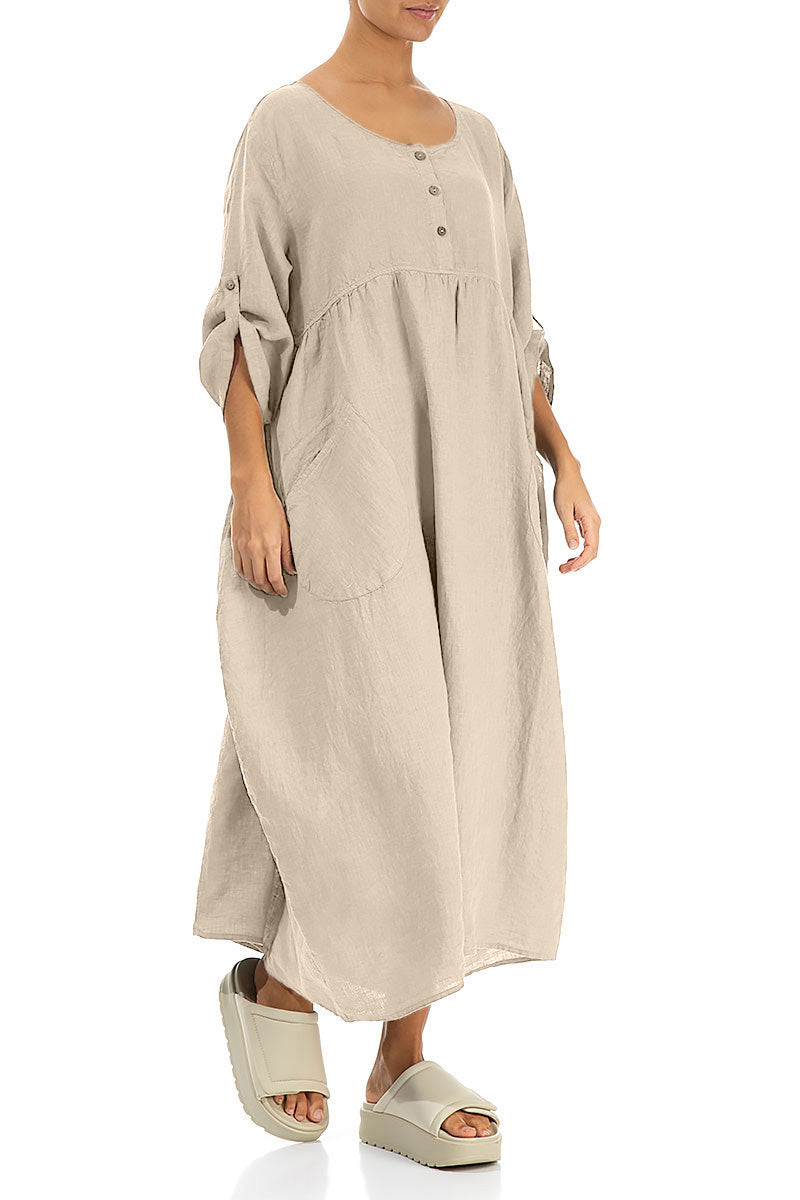 Buttoned Beige Linen Dress 3