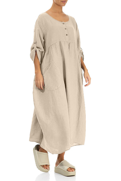 Buttoned Beige Linen Dress 3