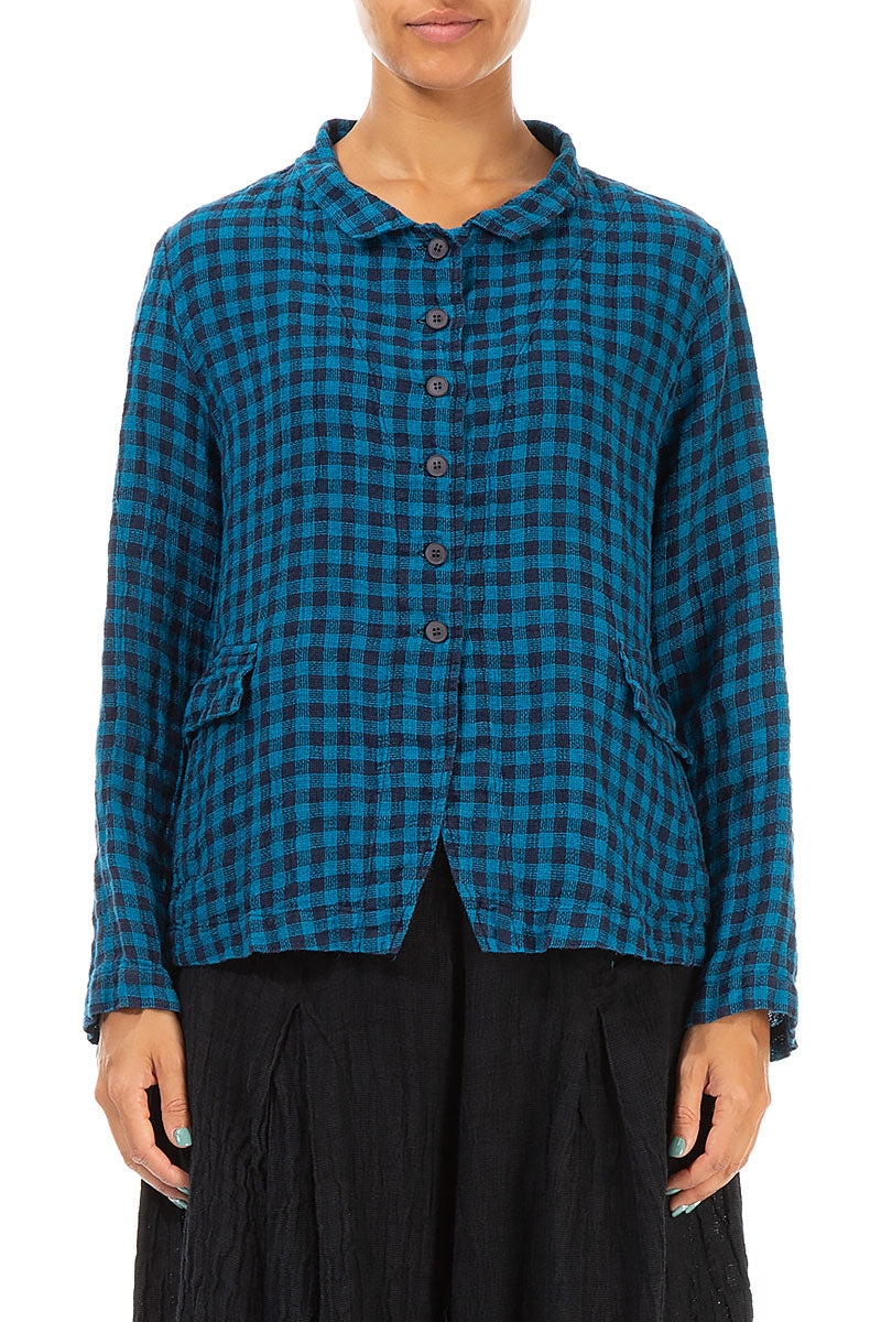 Buttoned Blue Check Linen Jacket 1