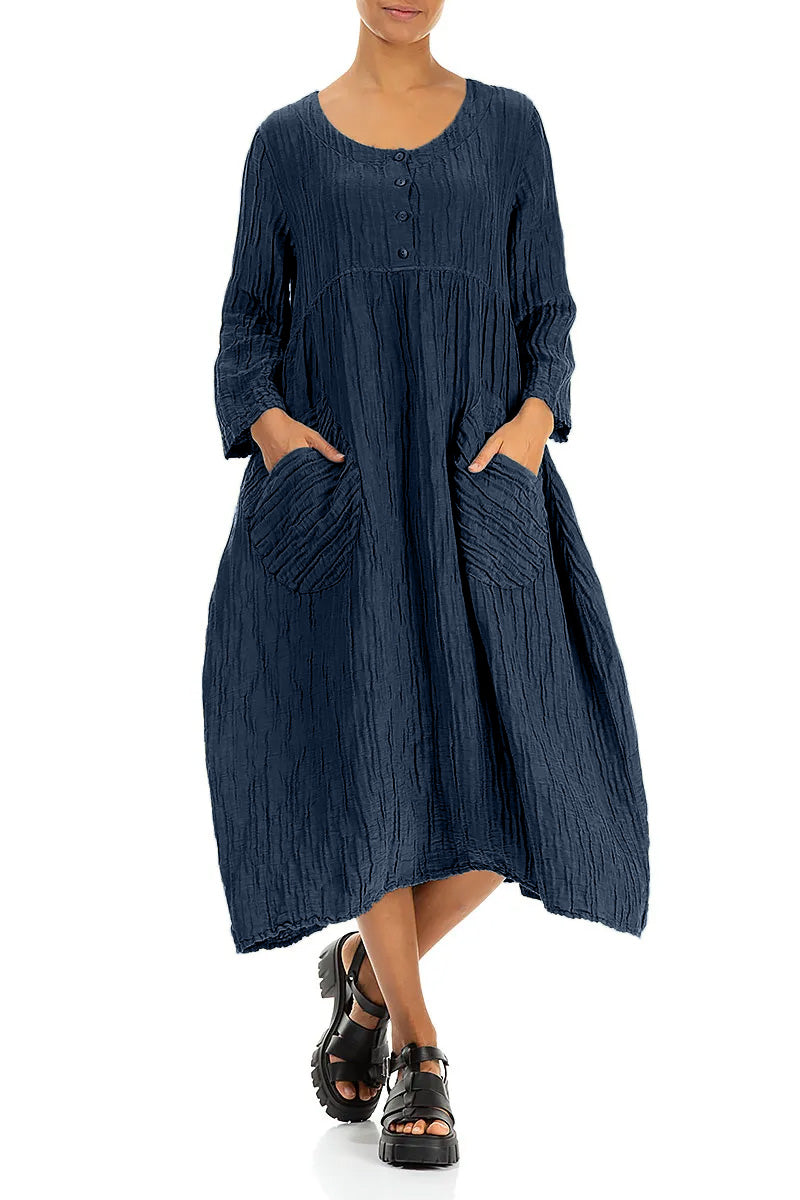 Buttoned Navy Crinkled Silk Linen Dress 4