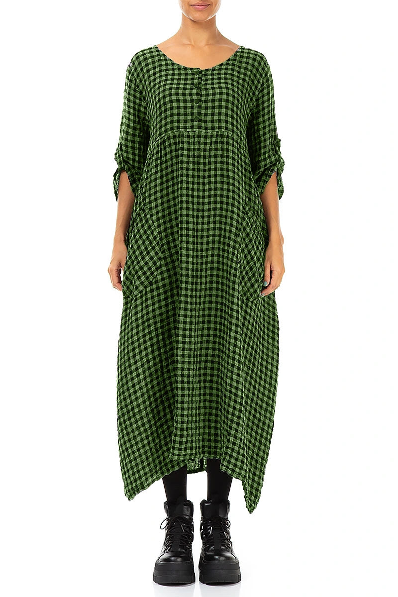 Buttoned Shamrock Green Check Linen Dress