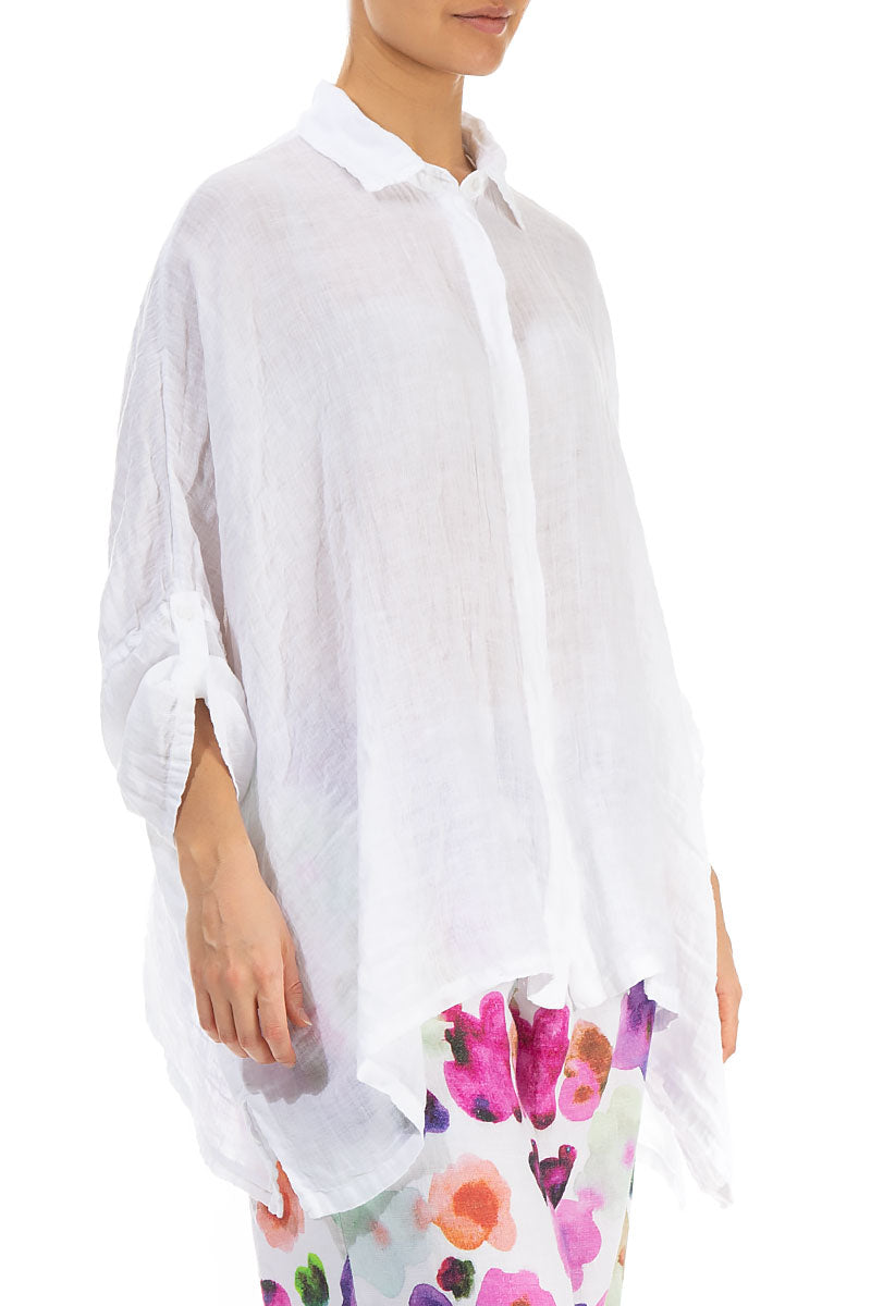 Gather Sleeves White Gauze Linen Shirt 3