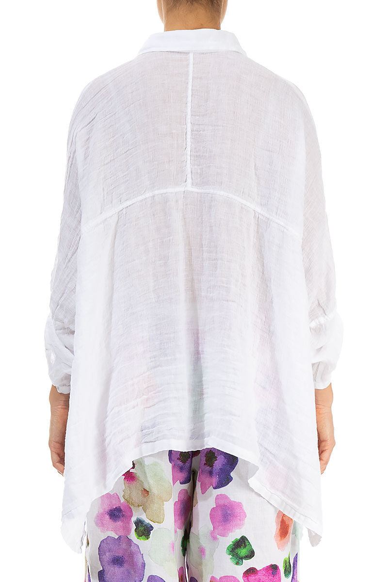 Gather Sleeves White Gauze Linen Shirt 2