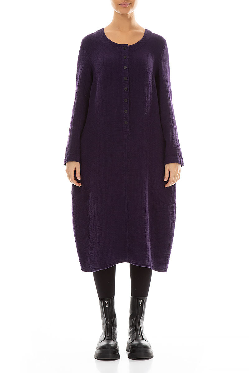 Buttons Front Purple Heavy Linen Dress 1