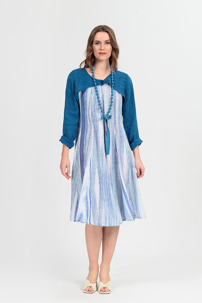 Flared Blue Wash Stripe Linen Dress 6