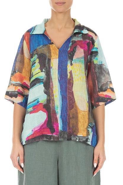 Collar Neck Abstract Linen Blouse 1