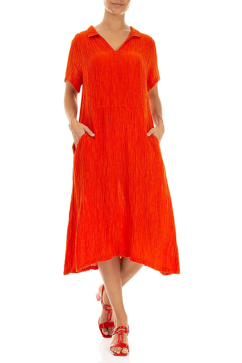 Collar Neck Crinkled Flame Orange Silk Dress 4