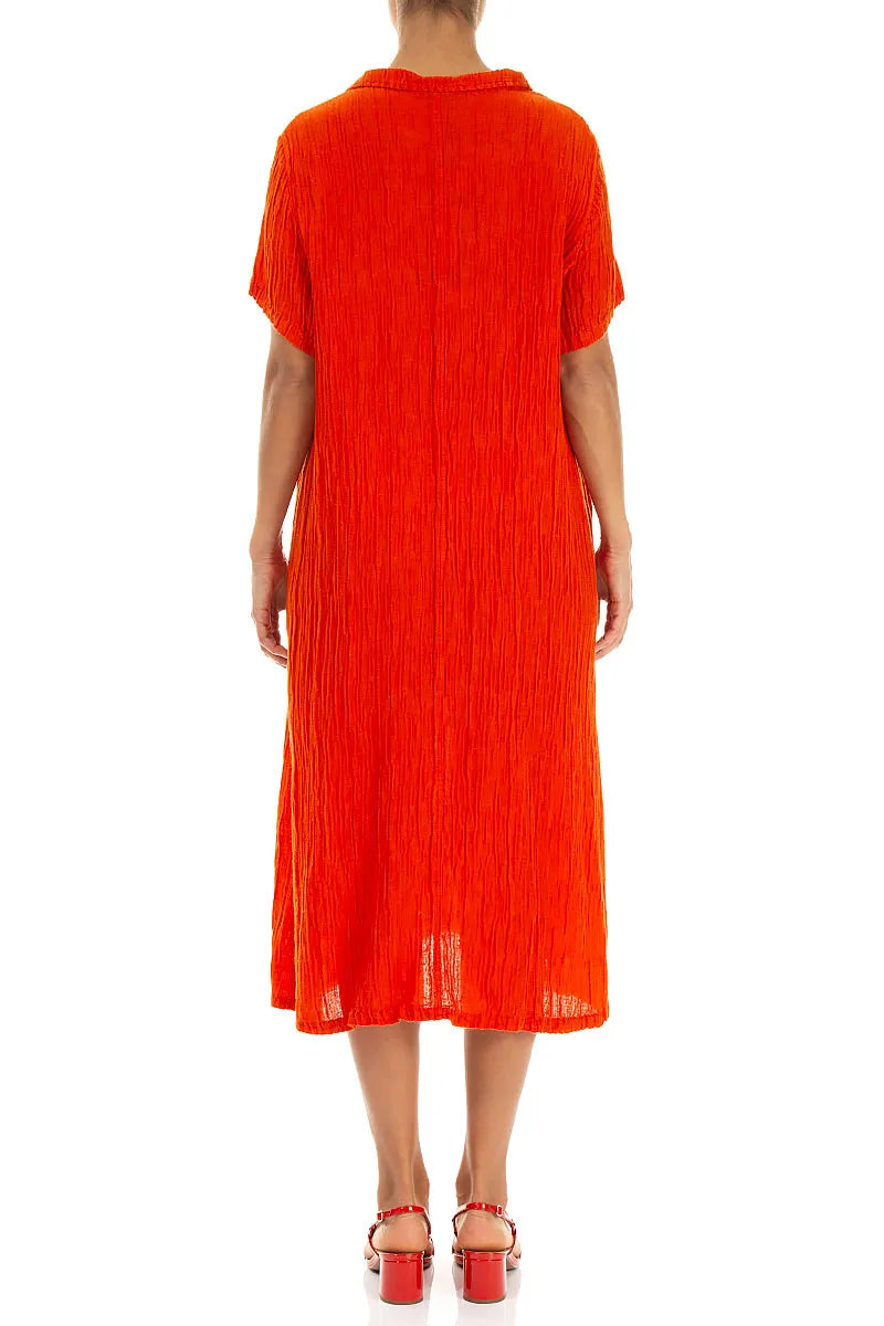 Collar Neck Crinkled Flame Orange Silk Dress 2
