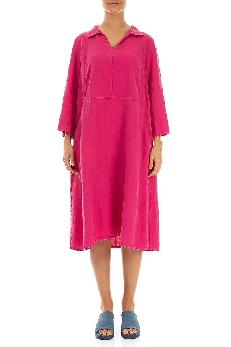 Collar Neck Fuchsia Linen Dress 1