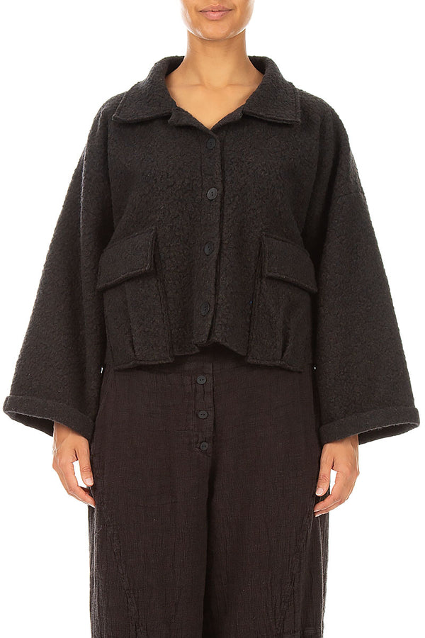 Collar Neck Short Charcoal Plush Wool Coat 1