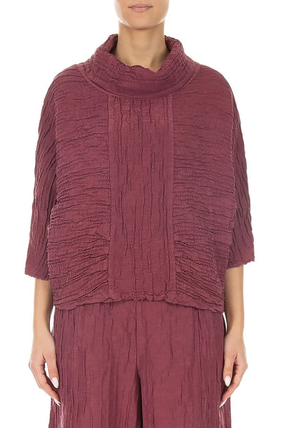 Cowl Neck Crinkled Antique Ruby Silk Linen Blouse 1