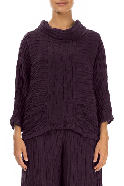 Cowl Neck Crinkled Deep Plum Silk Linen Blouse 1