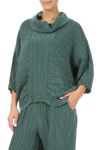 Cowl Neck Crinkled Sage Silk Linen Blouse 3