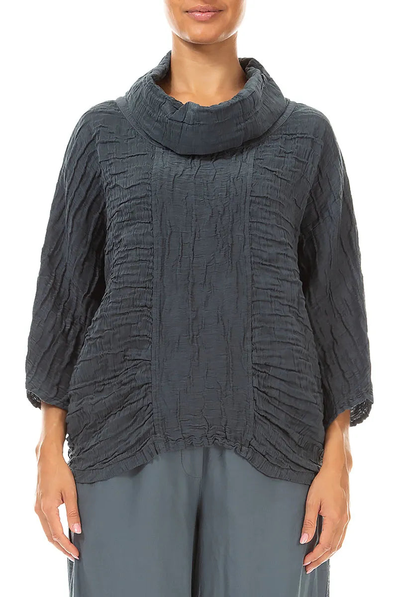Cowl Neck Crinkled Slate Silk Linen Blouse 1