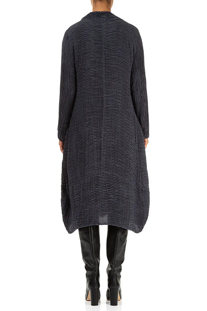 Cowl Neck Graphite Blue Plissé Silk Dress 2