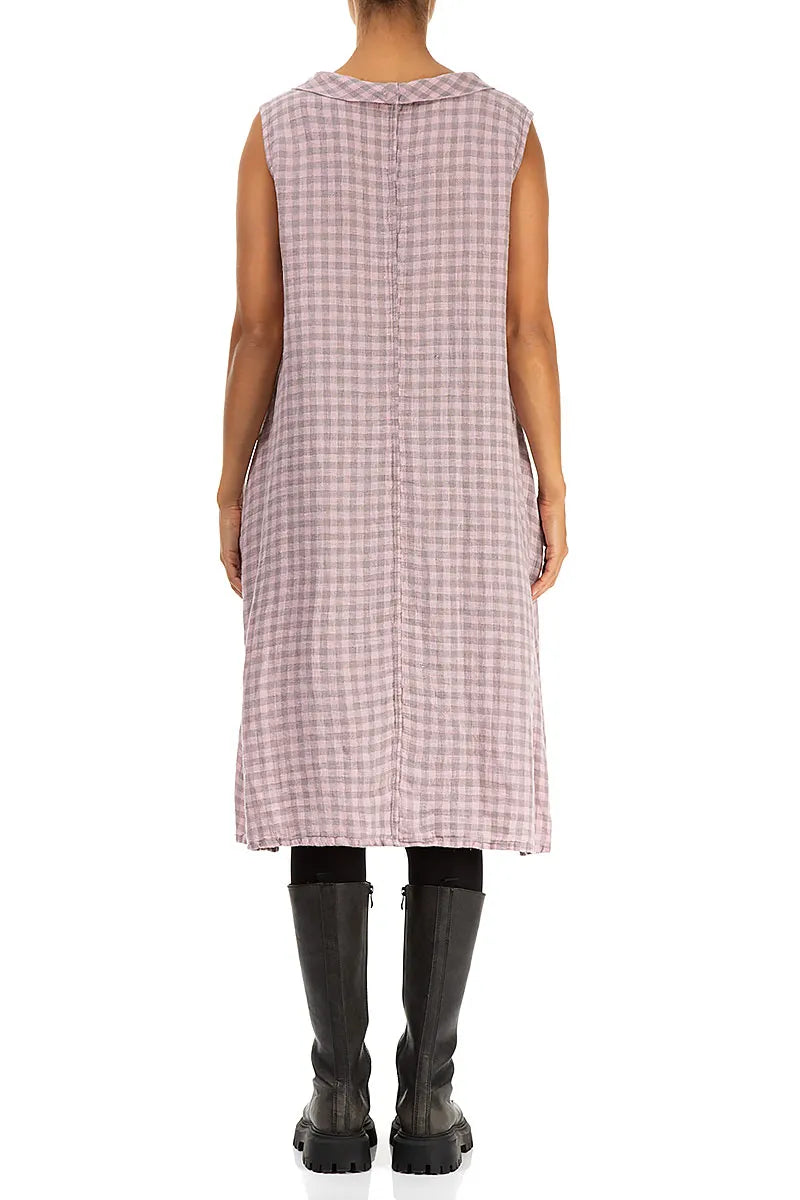 Robe midi en lin rose à carreaux et col bénitier