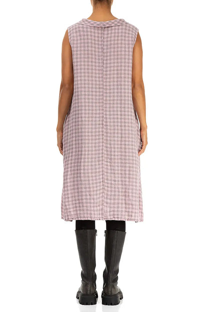Robe midi en lin rose à carreaux et col bénitier