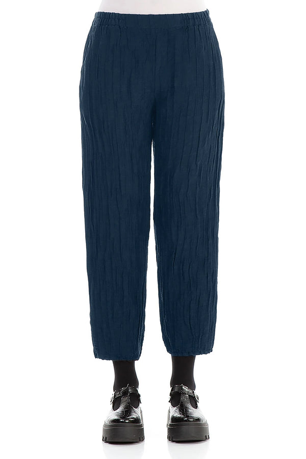 Cropped Crinkled Royal Blue Silk Linen Trousers 1