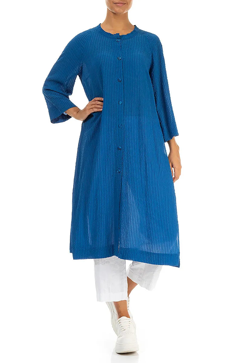 Deep Slit Cobalt Blue Striped Silk Jacket 4