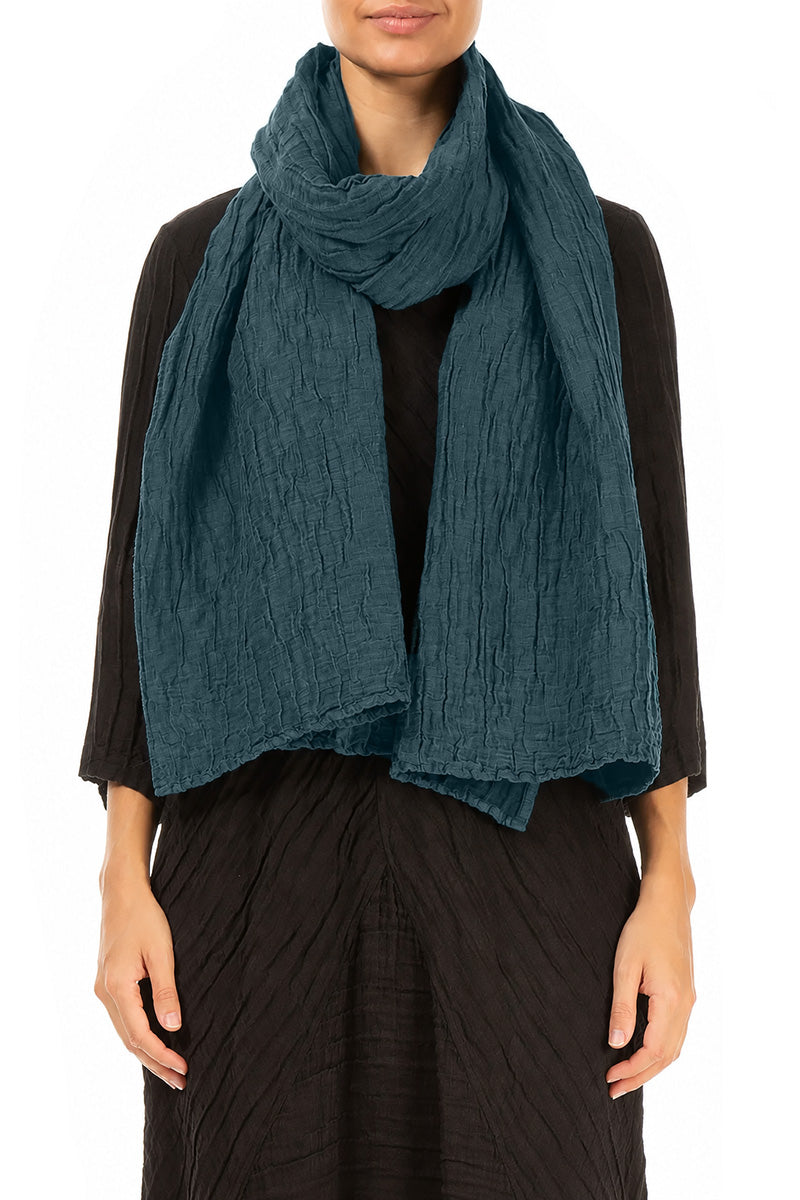 Deep Turquoise Crinkled Silk Linen Scarf 1