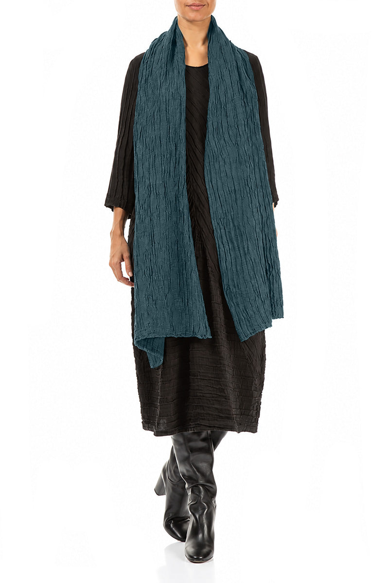 Deep Turquoise Crinkled Silk Linen Scarf 2