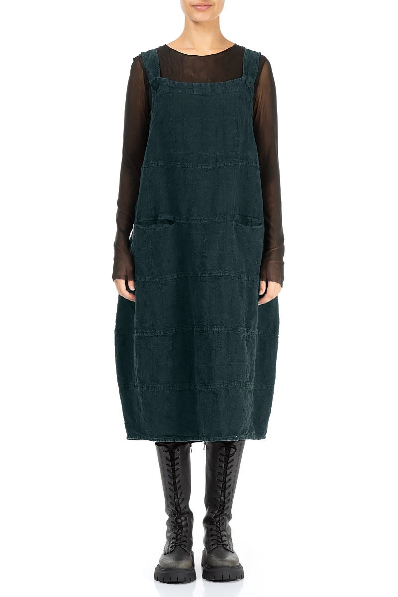 Deep Turquoise Patterned Linen Dungaree Dress 1
