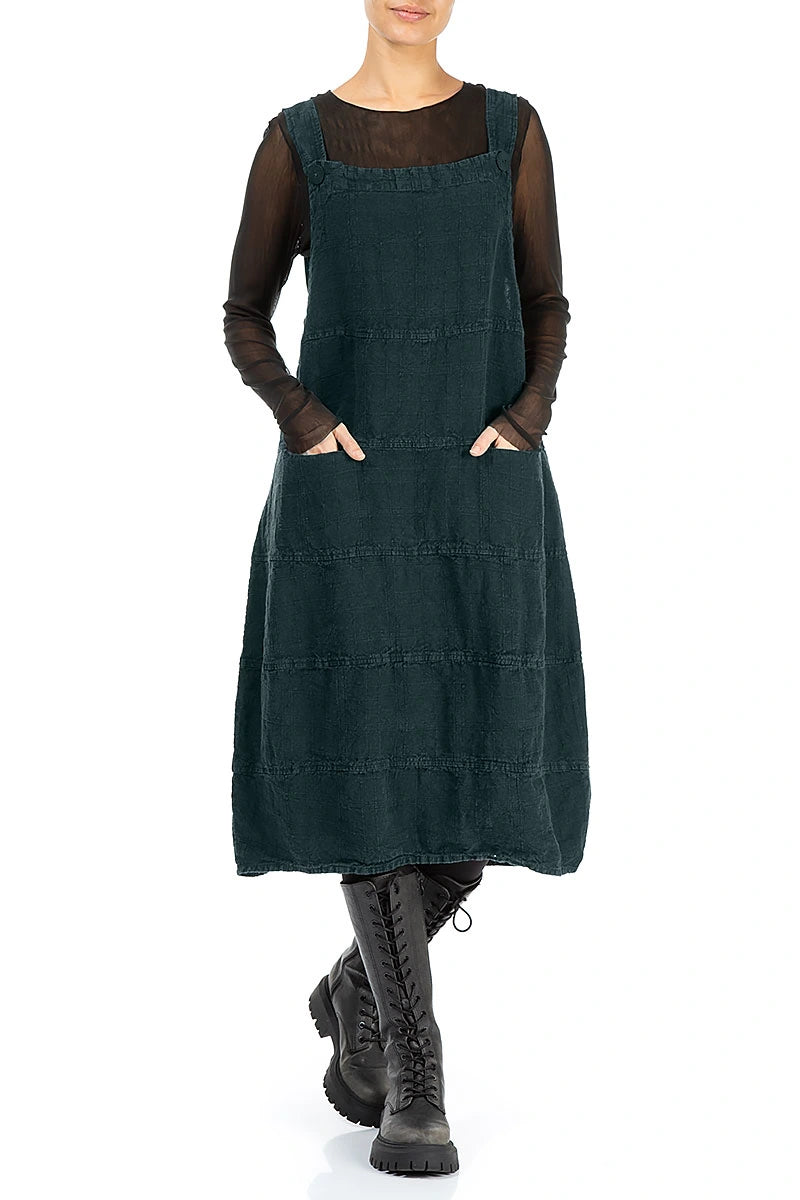 Deep Turquoise Patterned Linen Dungaree Dress 4