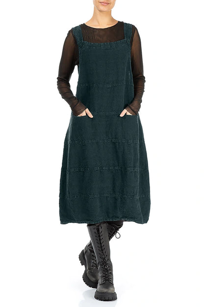 Deep Turquoise Patterned Linen Dungaree Dress 4