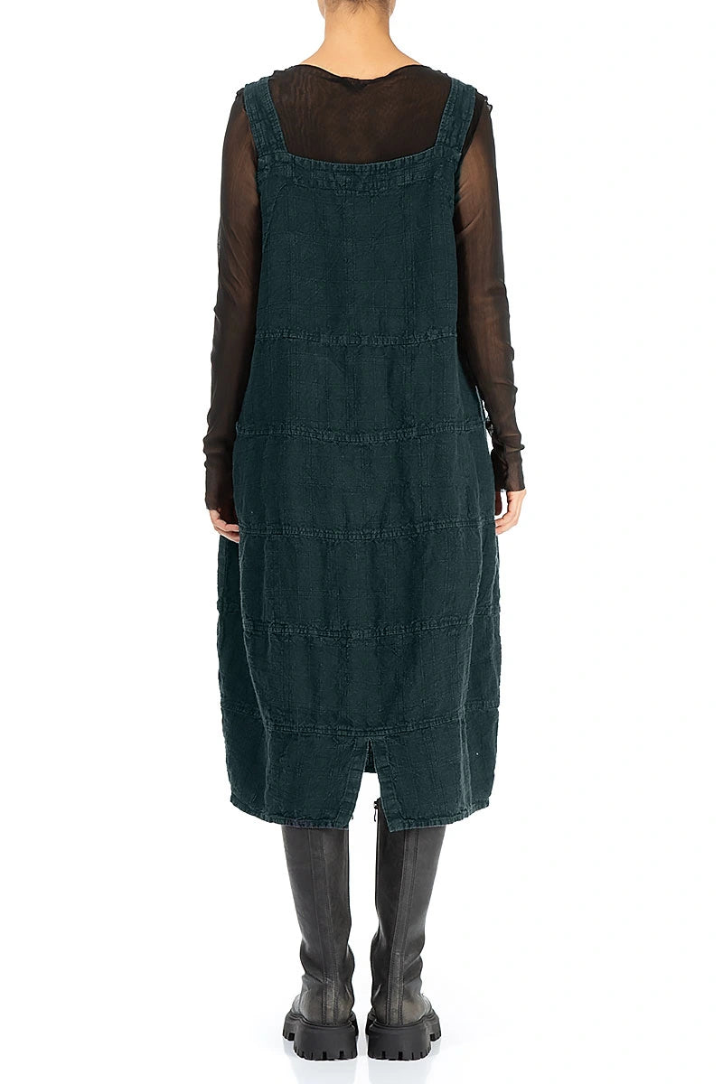 Deep Turquoise Patterned Linen Dungaree Dress 2