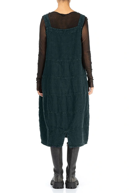 Deep Turquoise Patterned Linen Dungaree Dress 2