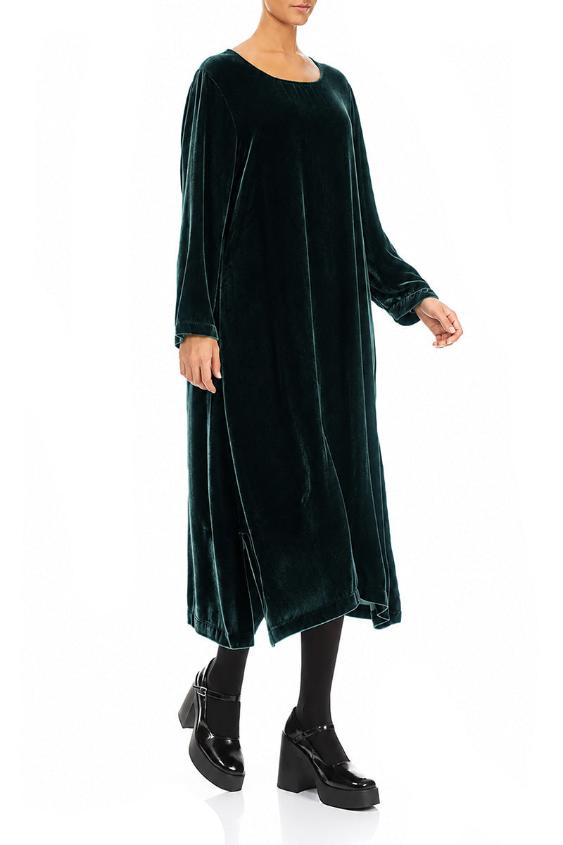 Gerade geschnittenes Kleid aus Samt und Seide in Dunkeltürkis