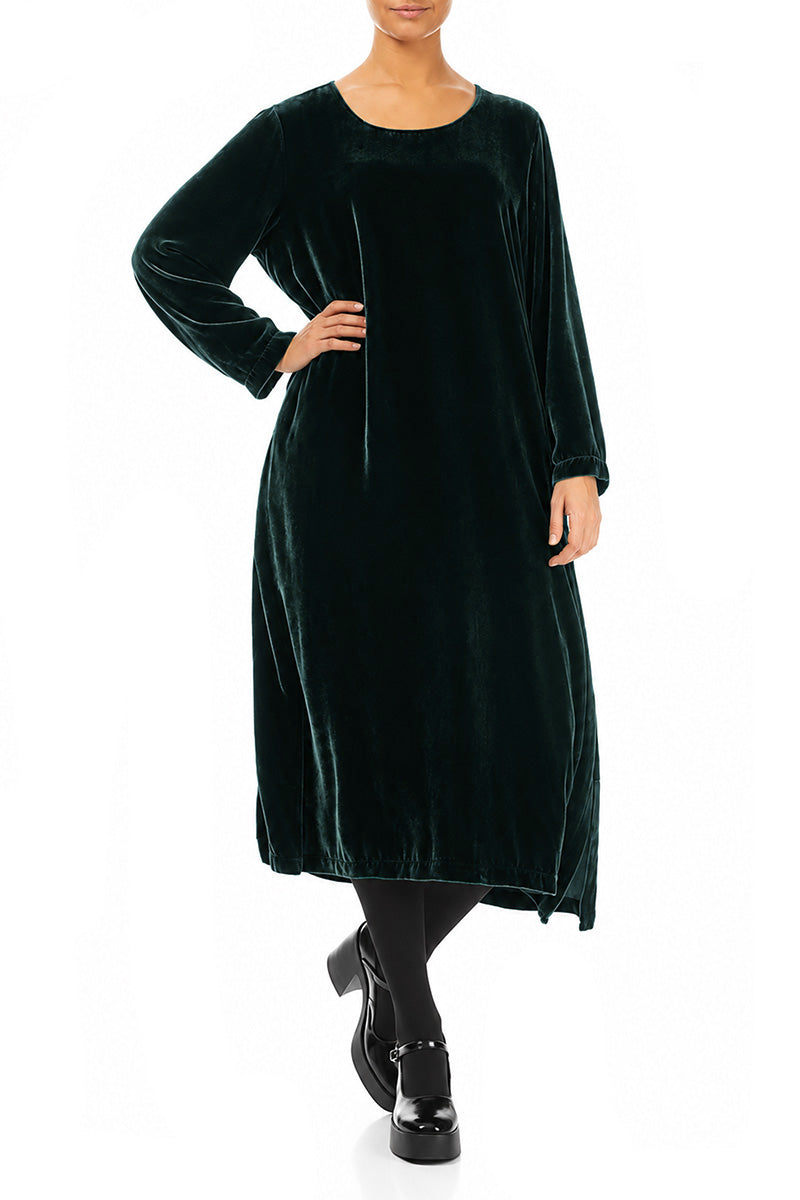 Gerade geschnittenes Kleid aus Samt und Seide in Dunkeltürkis