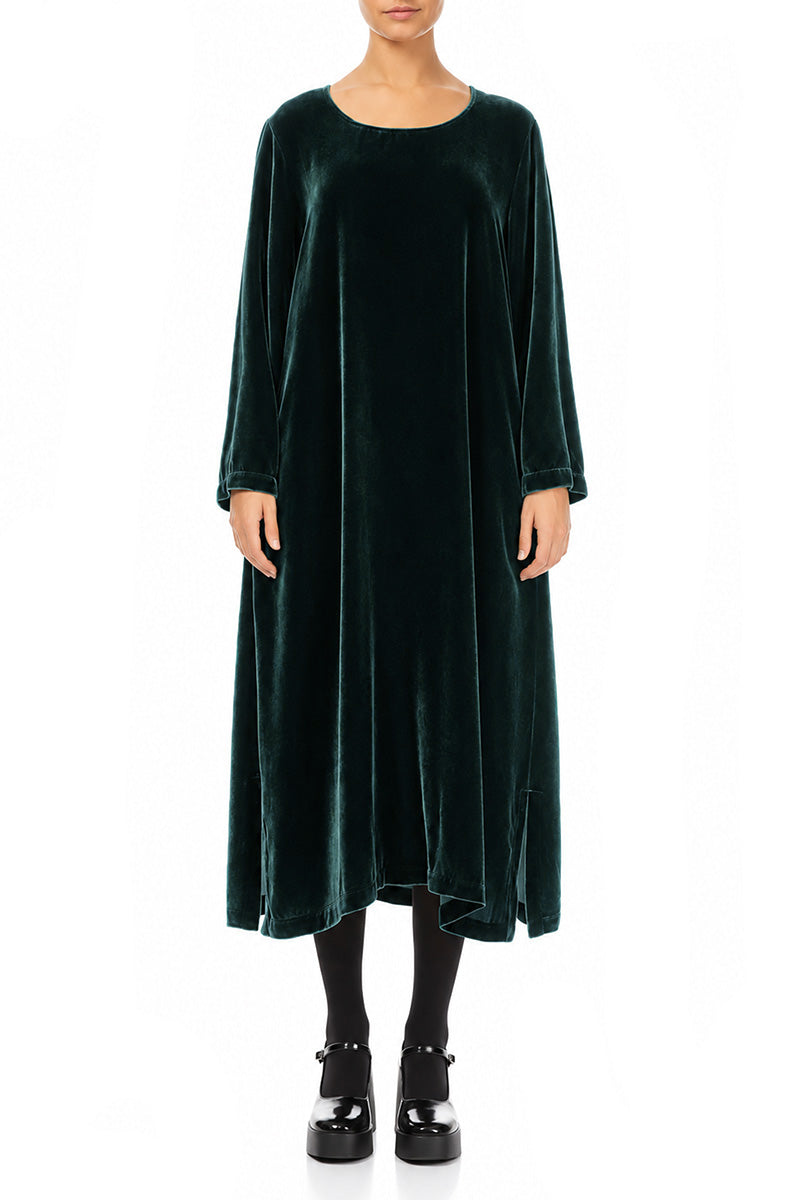 Gerade geschnittenes Kleid aus Samt und Seide in Dunkeltürkis