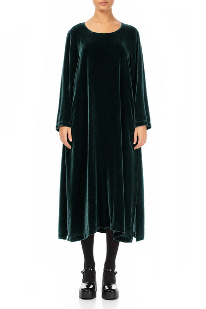 Gerade geschnittenes Kleid aus Samt und Seide in Dunkeltürkis