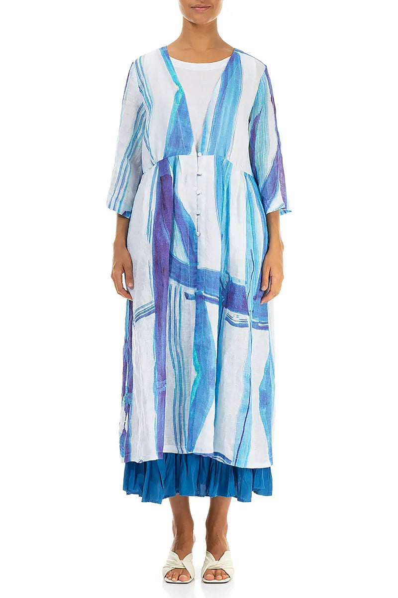 V-Neck Blue Brushstroke Linen Jacket 2