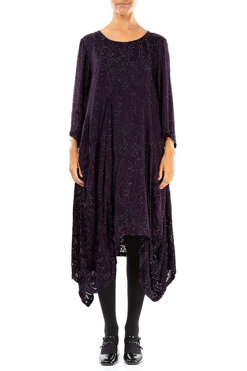 Draped Deep Plum Devoré Feather Silk Dress