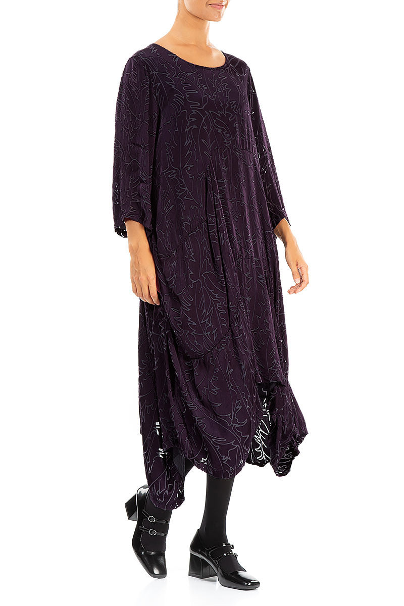Draped Deep Plum Devoré Feather Silk Dress