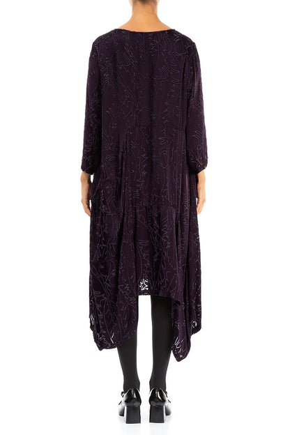 Draped Deep Plum Devoré Feather Silk Dress