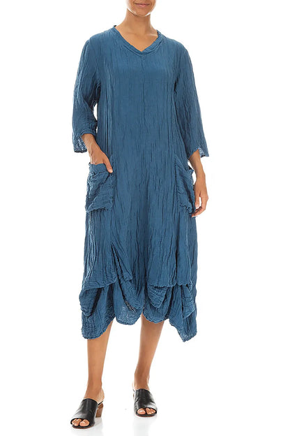 Draped Crinkled Denim Blue Silk Linen Dress 4