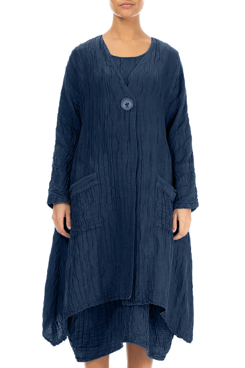 Dropped Edge Crinkled Navy Silk Linen Jacket 1