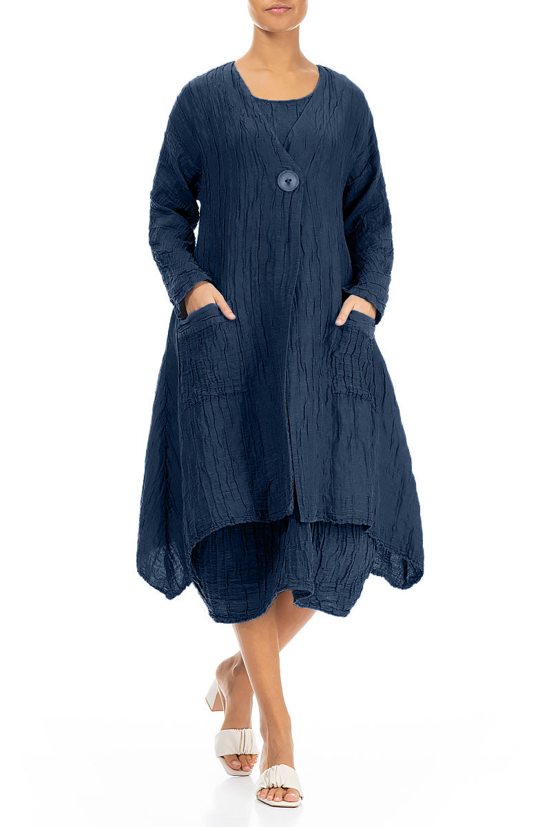 Dropped Edge Crinkled Navy Silk Linen Jacket 4