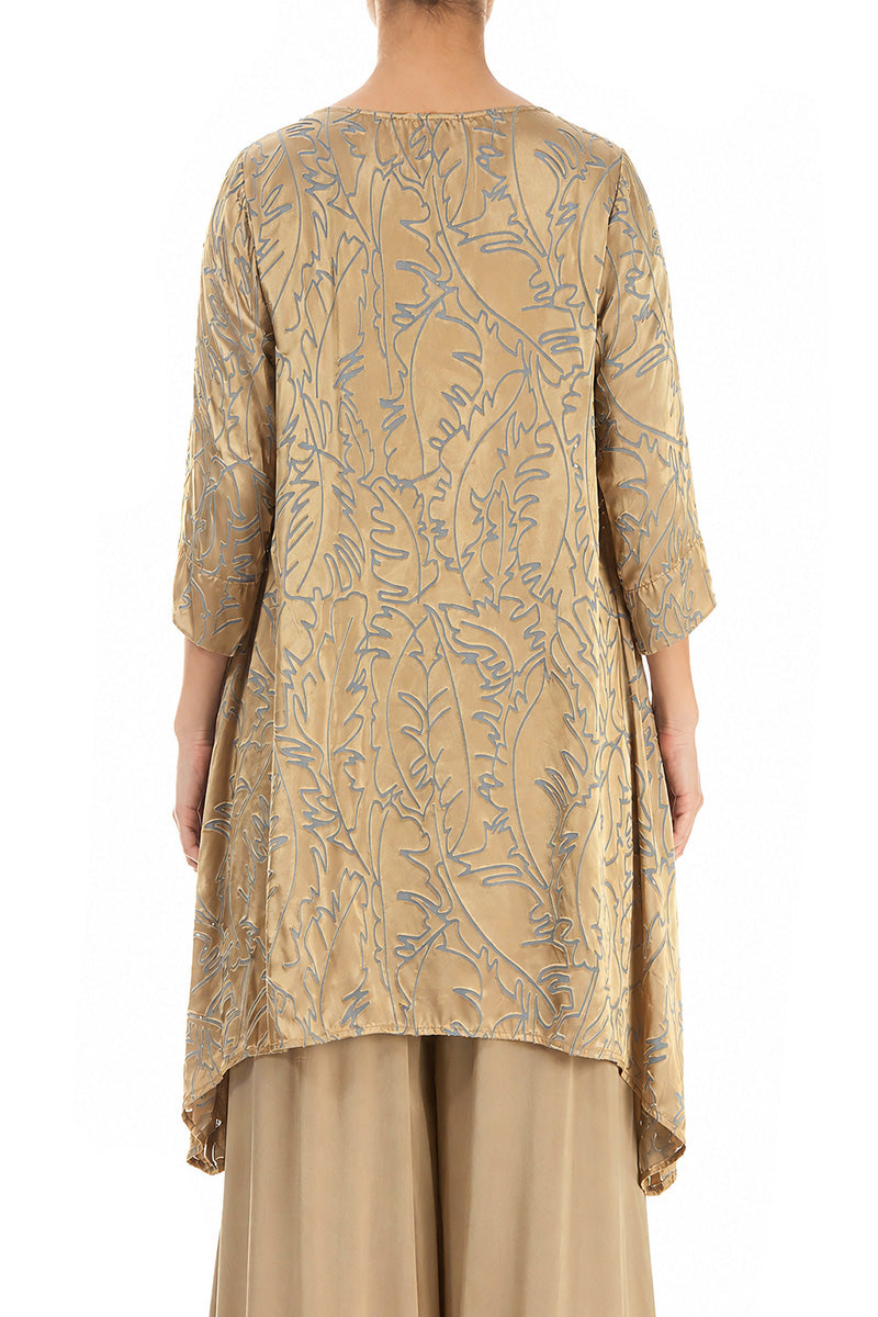 Dropped Edge Olive Devoré Feather Silk Tunic 2