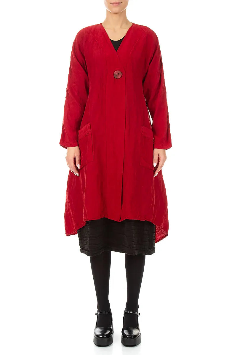 Dropped Edge Textured Cherry Red Silk Linen Jacket 1