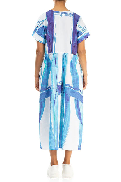 Empire Waist Blue Brushstroke Linen Dress 3